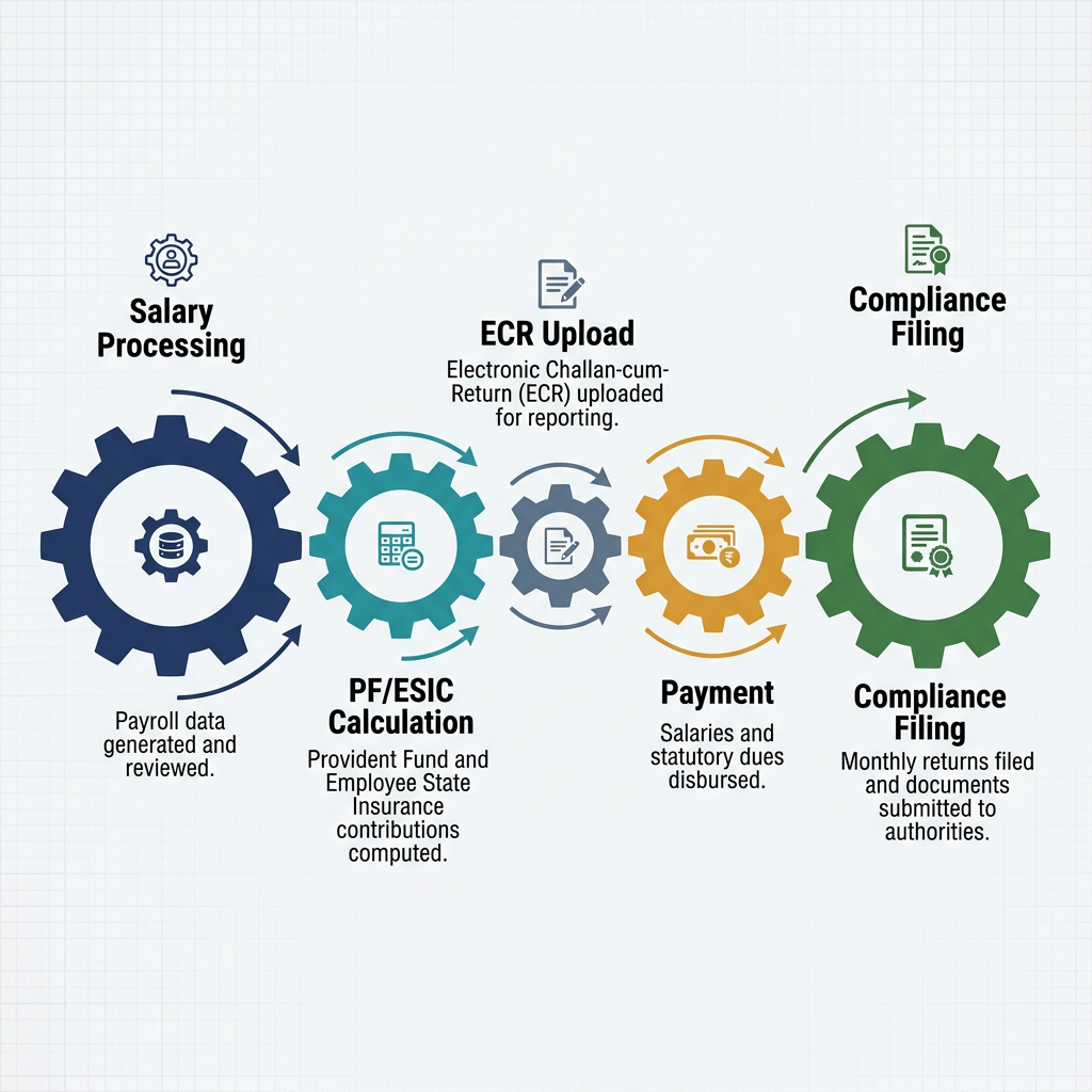 Infographic showing payroll process steps: Salary Processing, PF/ESIC Calculation, ECR Upload, Payment, and Compliance Filing with corresponding icons and brief descriptions under each step.
