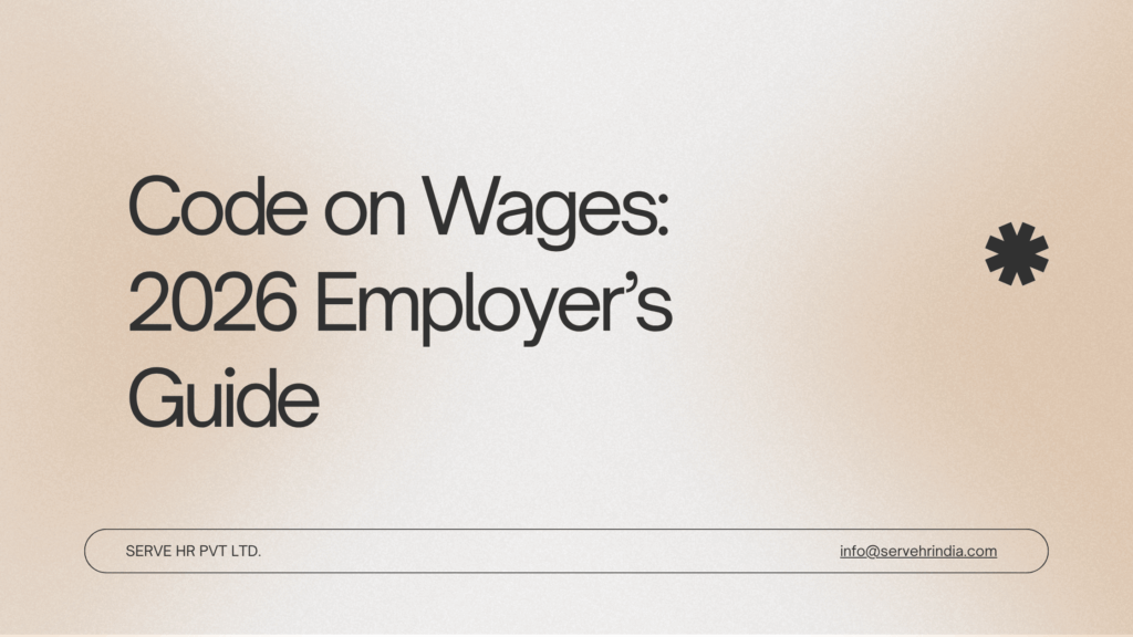 Slide titled "Code on Wages: 2026 Employer’s Guide" with a company name, email address, and asterisk symbol on a beige background.